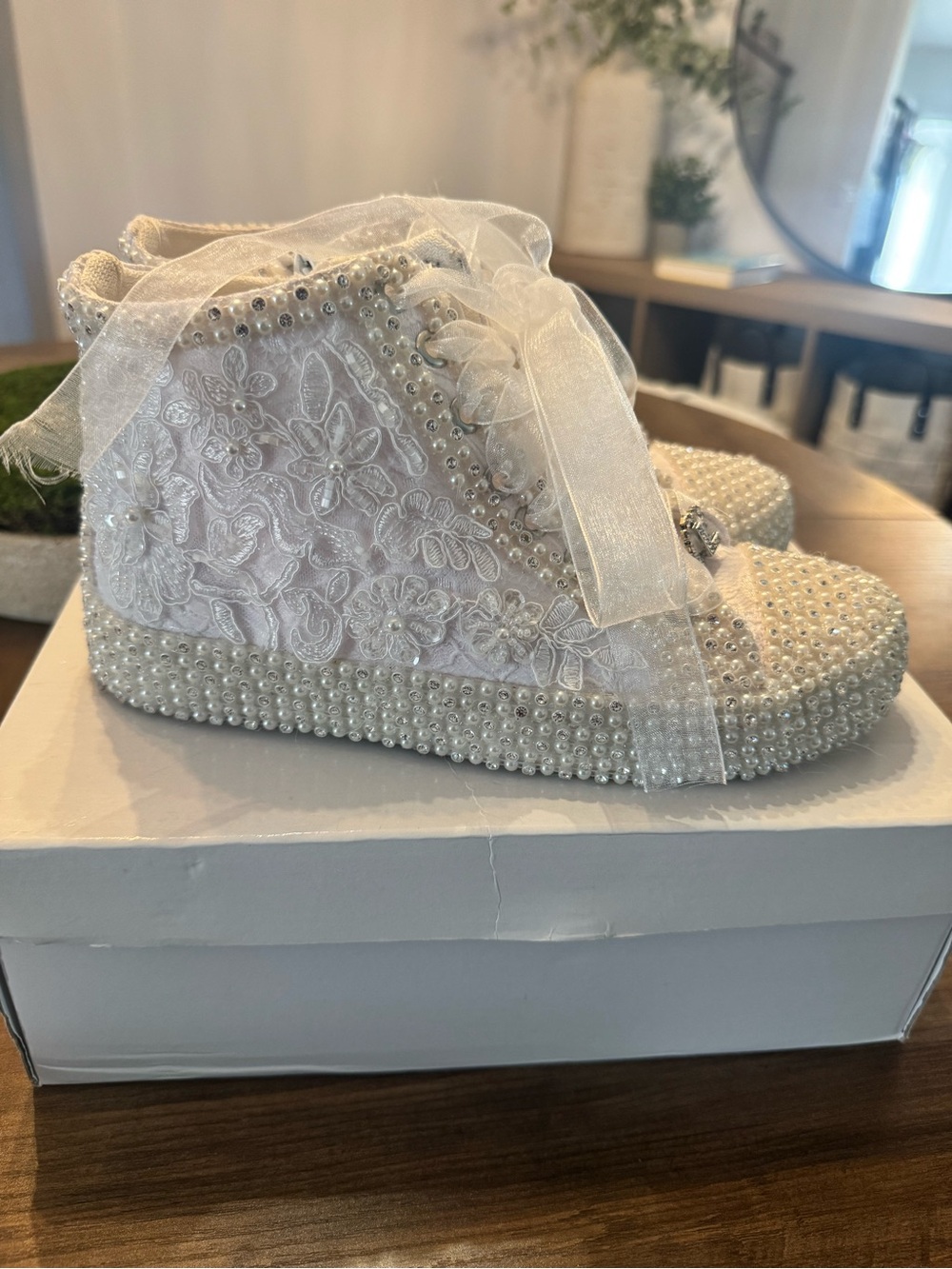 Pearl Embellished High-Top Sneakers - White